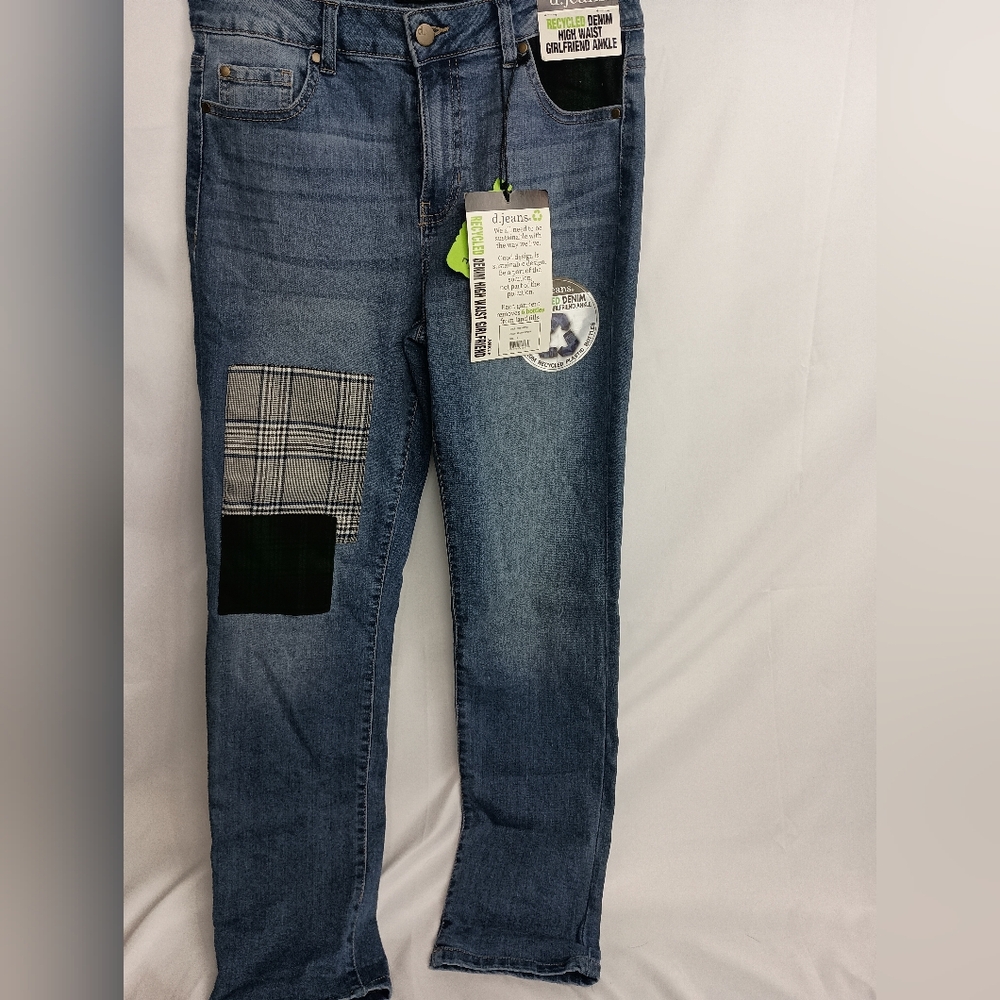 NWT D. JEANS Girlfriend Ankle Highrise Blue Jeans Country Plaid‎ Patchwork